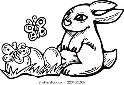 Osterhasen mit Korb, Eiern, Blumen, Schmetterling. Dekorative Vektordesign-Komposition für Plakatdruck, Grußkarte, Kinderparty Einladung. Handgezeichnete Illustration. Vintage Cartoon Stil Zeichnung.