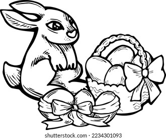 Easter bunny with basket, eggs, flowers, butterfly. Decorative vector design composition for poster print, greeting card, kids party invitation. Hand drawn illustration. Vintage cartoon style drawing.