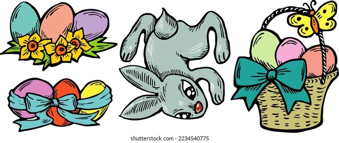 Easter bunny with basket, eggs, flowers, butterfly. Decorative vector design composition for poster print, greeting card, kids party invitation. Hand drawn illustration. Vintage cartoon style drawing.