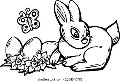 Easter bunny with basket, eggs, flowers, butterfly. Decorative vector design composition for poster print, greeting card, kids party invitation. Hand drawn illustration. Vintage cartoon style drawing.