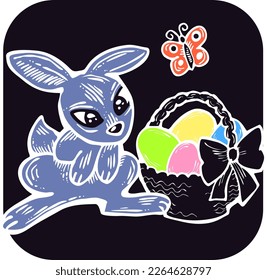 Easter bunny with basket, eggs, flowers, butterfly. Decorative vector design composition for poster print, greeting card, kids party invitation. Hand drawn illustration. Vintage cartoon style drawing.