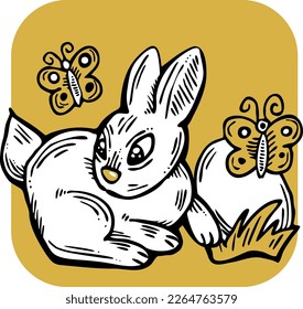 Conejo de Pascua con canasta, huevos, flores, mariposa. Composición decorativa de diseño vectorial para la impresión de afiches, tarjeta de saludo, invitación de fiesta infantil. Ilustración dibujada a mano. Dibujo de dibujos animados de época.