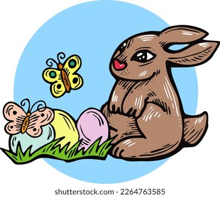 Easter bunny with basket, eggs, flowers, butterfly. Decorative vector design composition for poster print, greeting card, kids party invitation. Hand drawn illustration. Vintage cartoon style drawing.