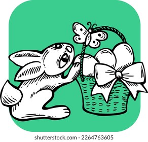 Easter bunny with basket, eggs, flowers, butterfly. Decorative vector design composition for poster print, greeting card, kids party invitation. Hand drawn illustration. Vintage cartoon style drawing.