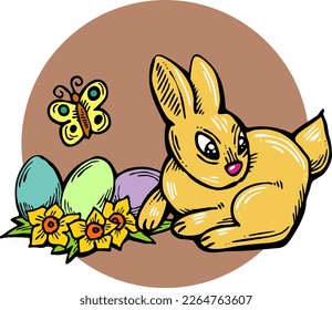 Easter bunny with basket, eggs, flowers, butterfly. Decorative vector design composition for poster print, greeting card, kids party invitation. Hand drawn illustration. Vintage cartoon style drawing.