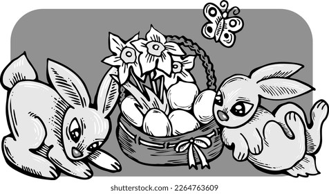 Easter bunny with basket, eggs, flowers, butterfly. Decorative vector design composition for poster print, greeting card, kids party invitation. Hand drawn illustration. Vintage cartoon style drawing.