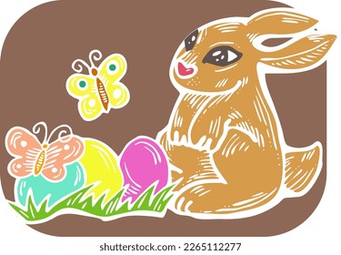 Easter bunny with basket, eggs, flowers, butterfly. Decorative vector design composition for poster print, greeting card, kids party invitation. Hand drawn illustration. Vintage cartoon style drawing.