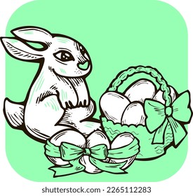 Easter bunny with basket, eggs, flowers, butterfly. Decorative vector design composition for poster print, greeting card, kids party invitation. Hand drawn illustration. Vintage cartoon style drawing.