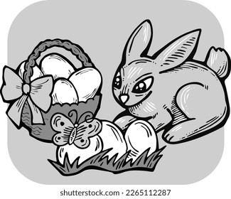 Easter bunny with basket, eggs, flowers, butterfly. Decorative vector design composition for poster print, greeting card, kids party invitation. Hand drawn illustration. Vintage cartoon style drawing.