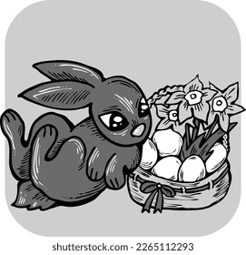 Conejo de Pascua con canasta, huevos, flores, mariposa. Composición decorativa de diseño vectorial para la impresión de afiches, tarjeta de saludo, invitación de fiesta infantil. Ilustración dibujada a mano. Dibujo de dibujos animados de época.
