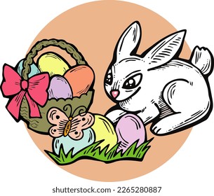 Easter bunny with basket, eggs, flowers, butterfly. Decorative vector design composition for poster print, greeting card, kids party invitation. Hand drawn illustration. Vintage cartoon style drawing.