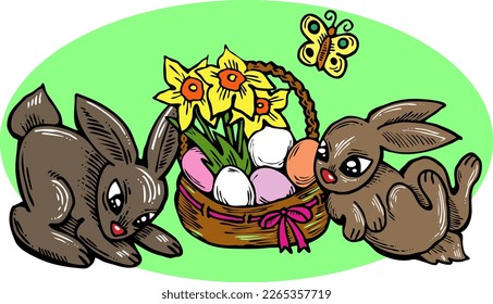 Easter bunny with basket, eggs, flowers, butterfly. Decorative vector design composition for poster print, greeting card, kids party invitation. Hand drawn illustration. Vintage cartoon style drawing.