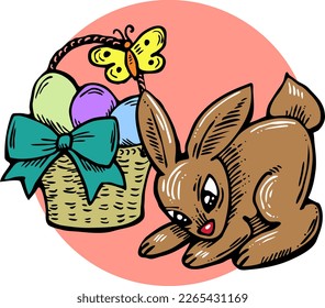Easter bunny with basket, eggs, flowers, butterfly. Decorative vector design composition for poster print, greeting card, kids party invitation. Hand drawn illustration. Vintage cartoon style drawing.