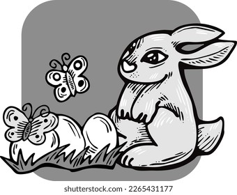 Easter bunny with basket, eggs, flowers, butterfly. Decorative vector design composition for poster print, greeting card, kids party invitation. Hand drawn illustration. Vintage cartoon style drawing.