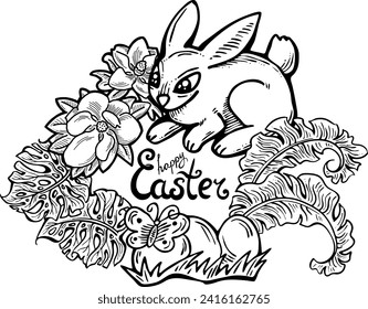 Easter bunny with basket, eggs, flowers, butterfly. Decorative vector design composition for poster print, greeting card, kids party invitation. Hand drawn illustration. Vintage cartoon style drawing.