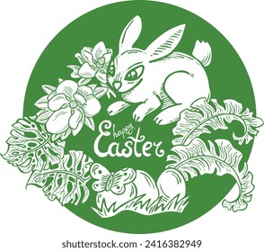 Easter bunny with basket, eggs, flowers, butterfly. Decorative vector design composition for poster print, greeting card, kids party invitation. Hand drawn illustration. Vintage cartoon style drawing.