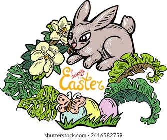 Easter bunny with basket, eggs, flowers, butterfly. Decorative vector design composition for poster print, greeting card, kids party invitation. Hand drawn illustration. Vintage cartoon style drawing.
