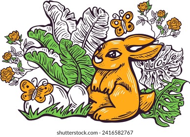 Easter bunny with basket, eggs, flowers, butterfly. Decorative vector design composition for poster print, greeting card, kids party invitation. Hand drawn illustration. Vintage cartoon style drawing.