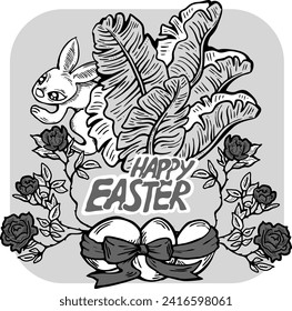 Conejo de Pascua con canasta, huevos, flores, mariposa. Composición decorativa de diseño vectorial para la impresión de afiches, tarjeta de saludo, invitación de fiesta infantil. Ilustración dibujada a mano. Dibujo de dibujos animados de época.
