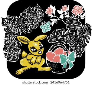 Easter bunny with basket, eggs, flowers, butterfly. Decorative vector design composition for poster print, greeting card, kids party invitation. Hand drawn illustration. Vintage cartoon style drawing.
