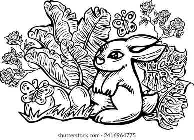 Easter bunny with basket, eggs, flowers, butterfly. Decorative vector design composition for poster print, greeting card, kids party invitation. Hand drawn illustration. Vintage cartoon style drawing.