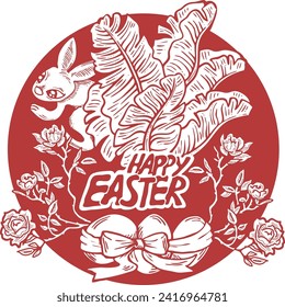 Easter bunny with basket, eggs, flowers, butterfly. Decorative vector design composition for poster print, greeting card, kids party invitation. Hand drawn illustration. Vintage cartoon style drawing.