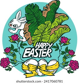 Easter bunny with basket, eggs, flowers, butterfly. Decorative vector design composition for poster print, greeting card, kids party invitation. Hand drawn illustration. Vintage cartoon style drawing.