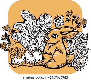 Easter bunny with basket, eggs, flowers, butterfly. Decorative vector design composition for poster print, greeting card, kids party invitation. Hand drawn illustration. Vintage cartoon style drawing.