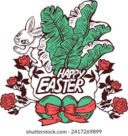 Easter bunny with basket, eggs, flowers, butterfly. Decorative vector design composition for poster print, greeting card, kids party invitation. Hand drawn illustration. Vintage cartoon style drawing.