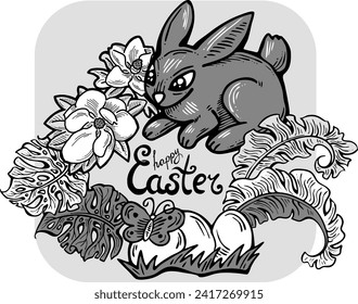 Easter bunny with basket, eggs, flowers, butterfly. Decorative vector design composition for poster print, greeting card, kids party invitation. Hand drawn illustration. Vintage cartoon style drawing.