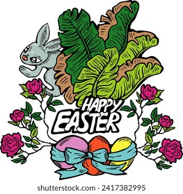 Conejo de Pascua con canasta, huevos, flores, mariposa. Composición decorativa de diseño vectorial para la impresión de afiches, tarjeta de saludo, invitación de fiesta infantil. Ilustración dibujada a mano. Dibujo de dibujos animados de época.