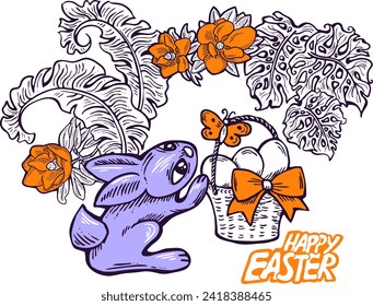 Easter bunny with basket, eggs, flowers, butterfly. Decorative vector design composition for poster print, greeting card, kids party invitation. Hand drawn illustration. Vintage cartoon style drawing.