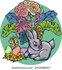 Easter bunny with basket, eggs, flowers, butterfly. Decorative vector design composition for poster print, greeting card, kids party invitation. Hand drawn illustration. Vintage cartoon style drawing.