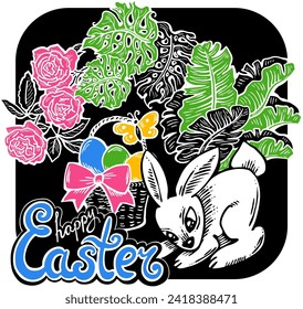 Easter bunny with basket, eggs, flowers, butterfly. Decorative vector design composition for poster print, greeting card, kids party invitation. Hand drawn illustration. Vintage cartoon style drawing.
