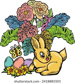 Easter bunny with basket, eggs, flowers, butterfly. Decorative vector design composition for poster print, greeting card, kids party invitation. Hand drawn illustration. Vintage cartoon style drawing.