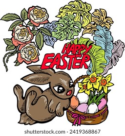Easter bunny with basket, eggs, flowers, butterfly. Decorative vector design composition for poster print, greeting card, kids party invitation. Hand drawn illustration. Vintage cartoon style drawing.