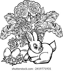 Easter bunny with basket, eggs, flowers, butterfly. Decorative vector design composition for poster print, greeting card, kids party invitation. Hand drawn illustration. Vintage cartoon style drawing.