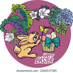 Conejo de Pascua con canasta, huevos, flores, mariposa. Composición decorativa de diseño vectorial para la impresión de afiches, tarjeta de saludo, invitación de fiesta infantil. Ilustración dibujada a mano. Dibujo de dibujos animados de época.