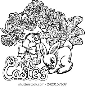 Conejo de Pascua con canasta, huevos, flores, mariposa. Composición decorativa de diseño vectorial para la impresión de afiches, tarjeta de saludo, invitación de fiesta infantil. Ilustración dibujada a mano. Dibujo de dibujos animados de época.