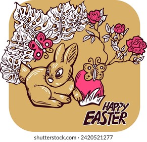 Easter bunny with basket, eggs, flowers, butterfly. Decorative vector design composition for poster print, greeting card, kids party invitation. Hand drawn illustration. Vintage cartoon style drawing.