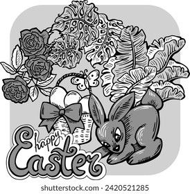 Easter bunny with basket, eggs, flowers, butterfly. Decorative vector design composition for poster print, greeting card, kids party invitation. Hand drawn illustration. Vintage cartoon style drawing.
