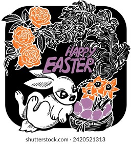 Easter bunny with basket, eggs, flowers, butterfly. Decorative vector design composition for poster print, greeting card, kids party invitation. Hand drawn illustration. Vintage cartoon style drawing.