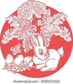 Easter bunny with basket, eggs, flowers, butterfly. Decorative vector design composition for poster print, greeting card, kids party invitation. Hand drawn illustration. Vintage cartoon style drawing.
