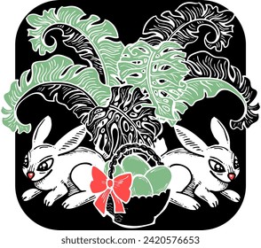Easter bunny with basket, eggs, flowers, butterfly. Decorative vector design composition for poster print, greeting card, kids party invitation. Hand drawn illustration. Vintage cartoon style drawing.
