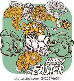 Easter bunny with basket, eggs, flowers, butterfly. Decorative vector design composition for poster print, greeting card, kids party invitation. Hand drawn illustration. Vintage cartoon style drawing.