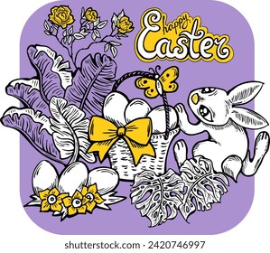 Osterhasen mit Korb, Eiern, Blumen, Schmetterling. Dekorative Vektordesign-Komposition für Plakatdruck, Grußkarte, Kinderparty Einladung. Handgezeichnete Illustration. Vintage Cartoon Stil Zeichnung.