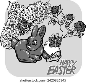 Easter bunny with basket, eggs, flowers, butterfly. Decorative vector design composition for poster print, greeting card, kids party invitation. Hand drawn illustration. Vintage cartoon style drawing.