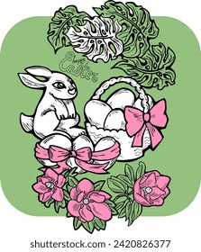 Easter bunny with basket, eggs, flowers, butterfly. Decorative vector design composition for poster print, greeting card, kids party invitation. Hand drawn illustration. Vintage cartoon style drawing.