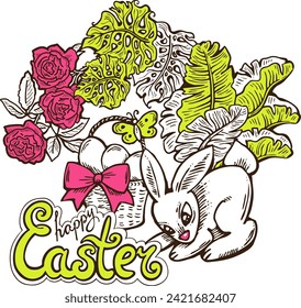 Easter bunny with basket, eggs, flowers, butterfly. Decorative vector design composition for poster print, greeting card, kids party invitation. Hand drawn illustration. Vintage cartoon style drawing.