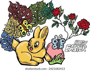 Easter bunny with basket, eggs, flowers, butterfly. Decorative vector design composition for poster print, greeting card, kids party invitation. Hand drawn illustration. Vintage cartoon style drawing.